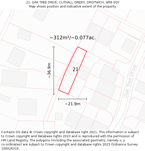 21, OAK TREE DRIVE, CUTNALL GREEN, DROITWICH, WR9 0QY: Plot and title map