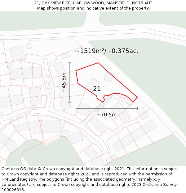 21, OAK VIEW RISE, HARLOW WOOD, MANSFIELD, NG18 4UT: Plot and title map