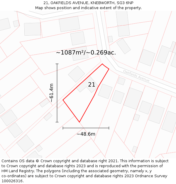 21, OAKFIELDS AVENUE, KNEBWORTH, SG3 6NP: Plot and title map