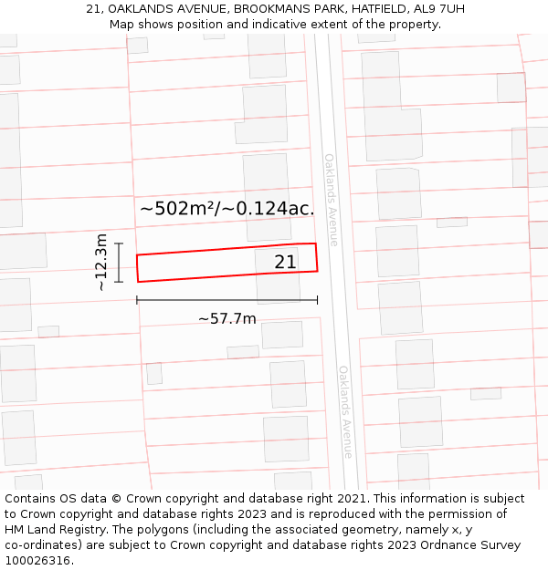 21, OAKLANDS AVENUE, BROOKMANS PARK, HATFIELD, AL9 7UH: Plot and title map