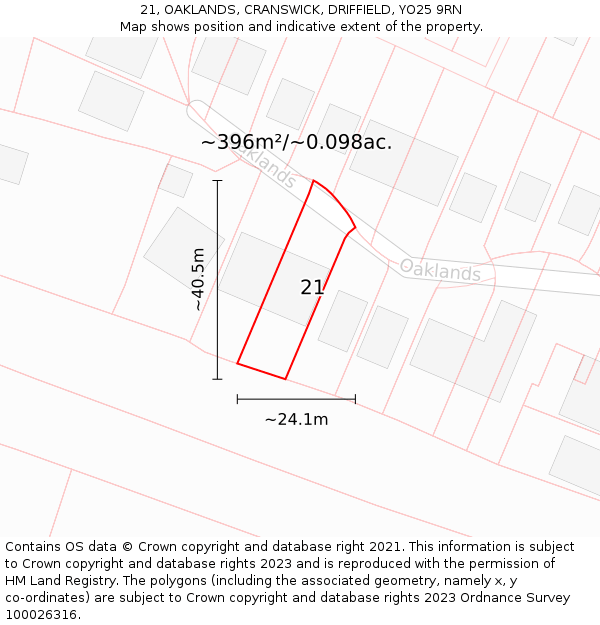 21, OAKLANDS, CRANSWICK, DRIFFIELD, YO25 9RN: Plot and title map