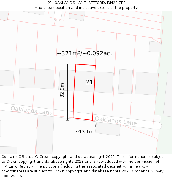 21, OAKLANDS LANE, RETFORD, DN22 7EF: Plot and title map