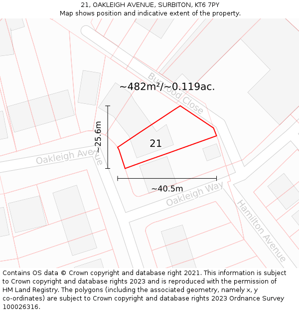 21, OAKLEIGH AVENUE, SURBITON, KT6 7PY: Plot and title map