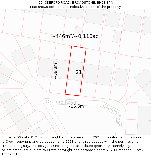 21, OKEFORD ROAD, BROADSTONE, BH18 8PA: Plot and title map