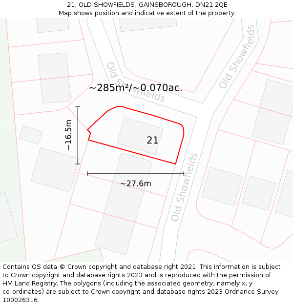 21, OLD SHOWFIELDS, GAINSBOROUGH, DN21 2QE: Plot and title map