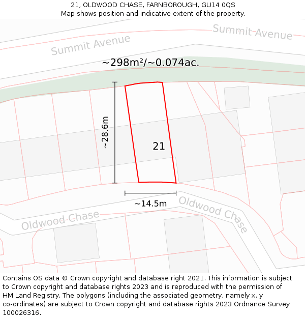 21, OLDWOOD CHASE, FARNBOROUGH, GU14 0QS: Plot and title map