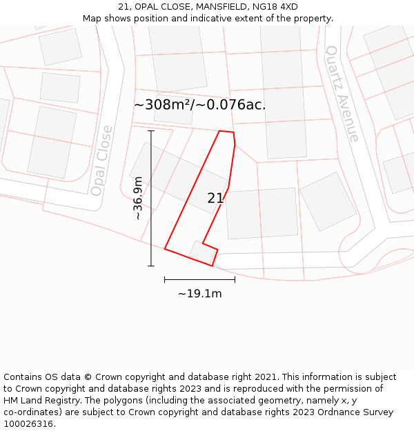 21, OPAL CLOSE, MANSFIELD, NG18 4XD: Plot and title map