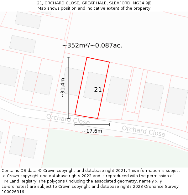 21, ORCHARD CLOSE, GREAT HALE, SLEAFORD, NG34 9JB: Plot and title map