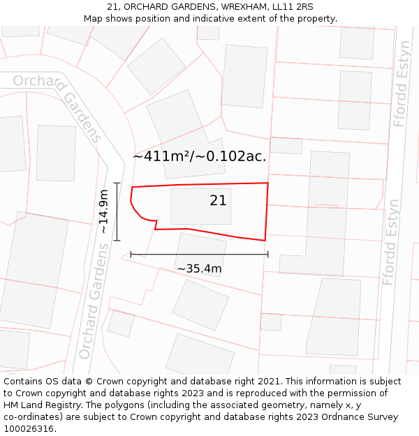 21, ORCHARD GARDENS, WREXHAM, LL11 2RS: Plot and title map