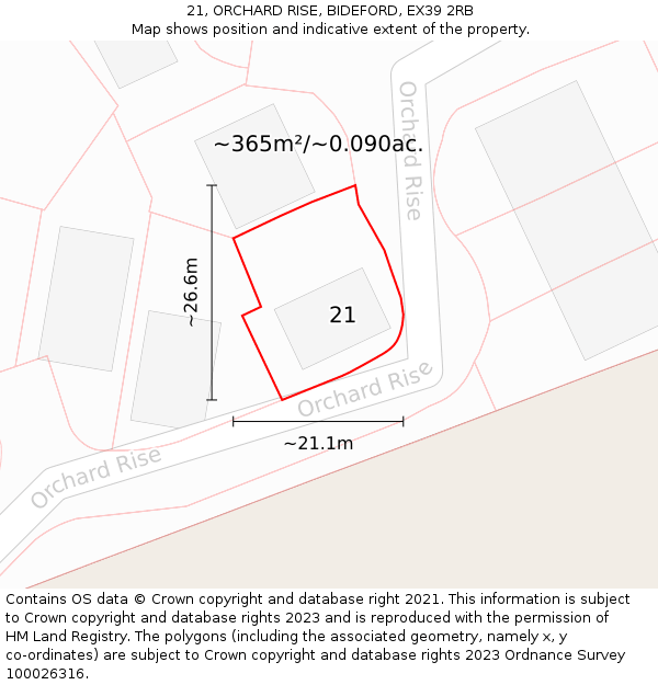 21, ORCHARD RISE, BIDEFORD, EX39 2RB: Plot and title map