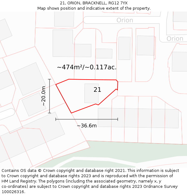 21, ORION, BRACKNELL, RG12 7YX: Plot and title map