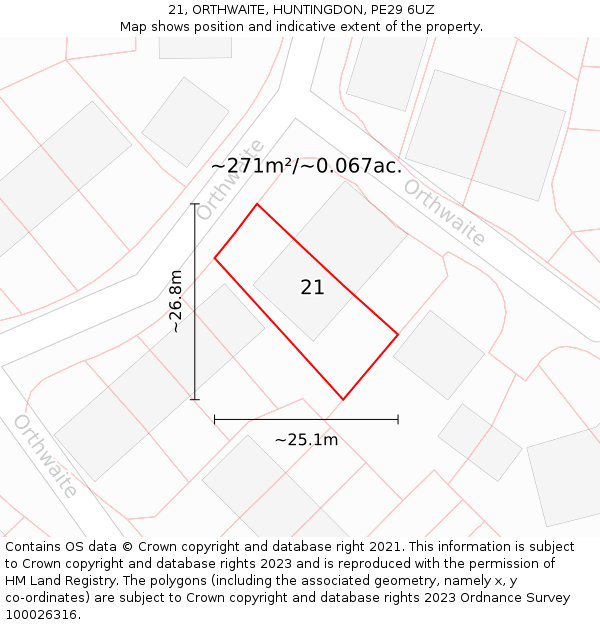 21, ORTHWAITE, HUNTINGDON, PE29 6UZ: Plot and title map