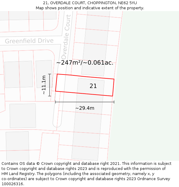 21, OVERDALE COURT, CHOPPINGTON, NE62 5YU: Plot and title map