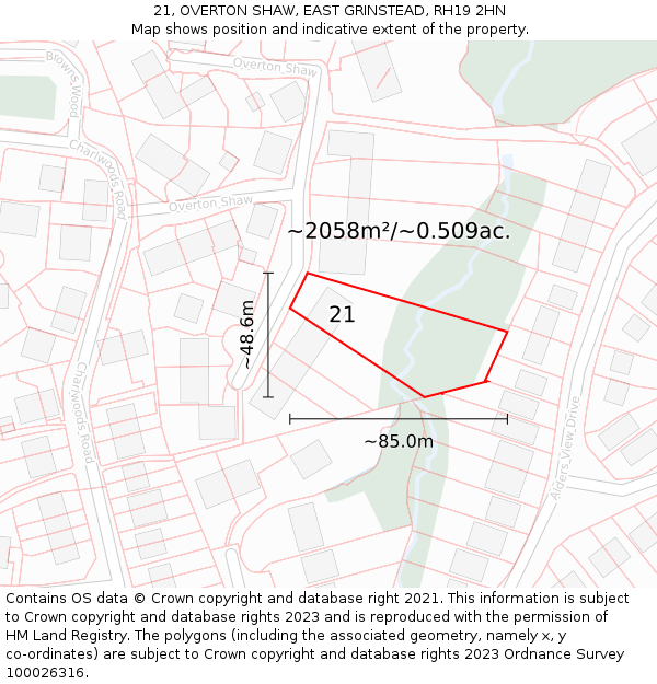 21, OVERTON SHAW, EAST GRINSTEAD, RH19 2HN: Plot and title map