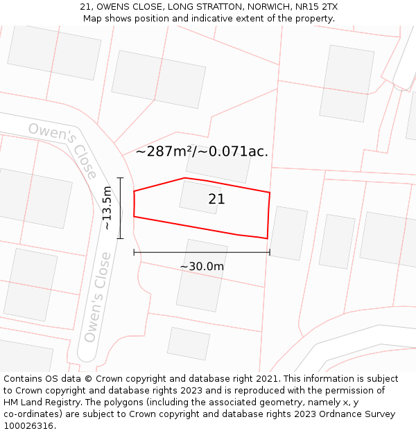 21, OWENS CLOSE, LONG STRATTON, NORWICH, NR15 2TX: Plot and title map