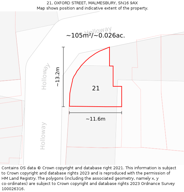 21, OXFORD STREET, MALMESBURY, SN16 9AX: Plot and title map