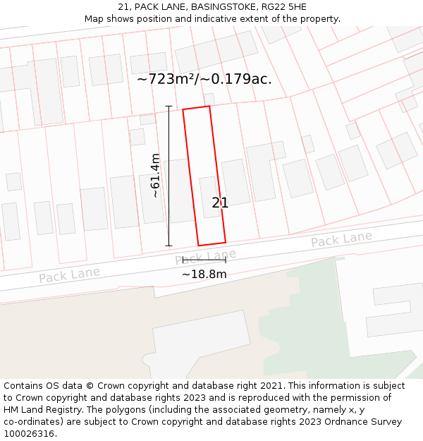 21, PACK LANE, BASINGSTOKE, RG22 5HE: Plot and title map