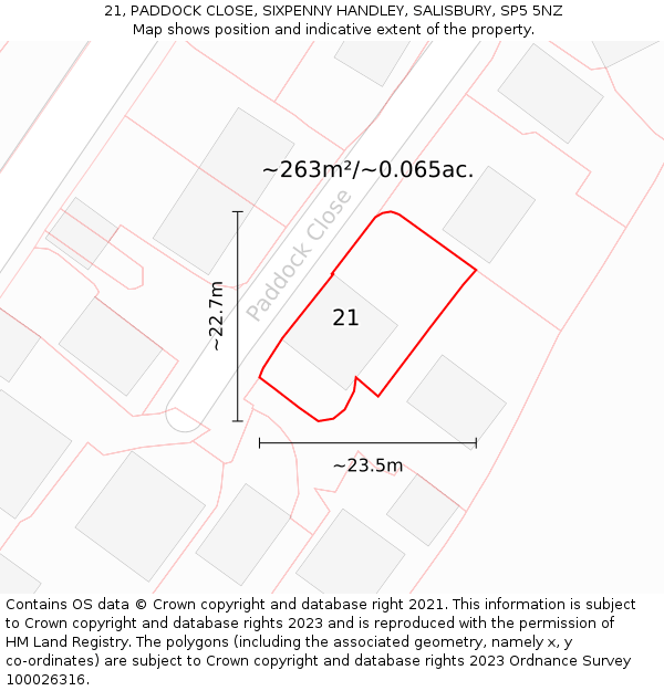 21, PADDOCK CLOSE, SIXPENNY HANDLEY, SALISBURY, SP5 5NZ: Plot and title map