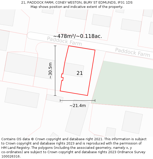 21, PADDOCK FARM, CONEY WESTON, BURY ST EDMUNDS, IP31 1DS: Plot and title map