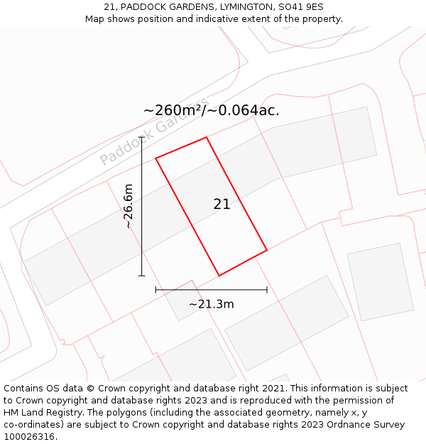 21, PADDOCK GARDENS, LYMINGTON, SO41 9ES: Plot and title map