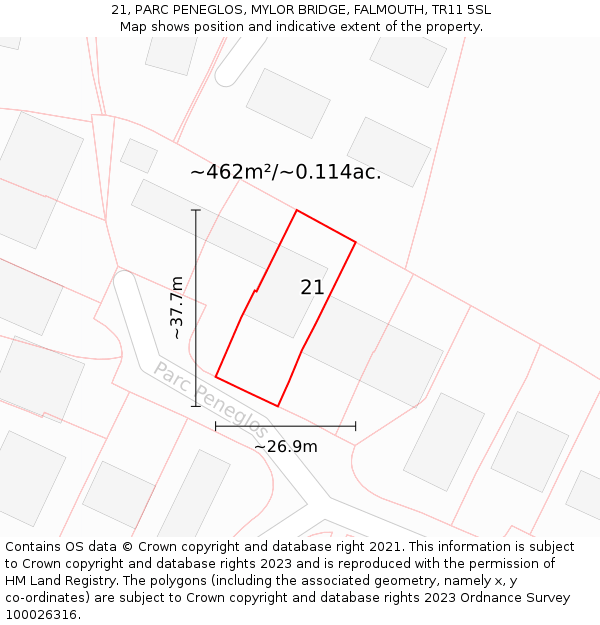 21, PARC PENEGLOS, MYLOR BRIDGE, FALMOUTH, TR11 5SL: Plot and title map