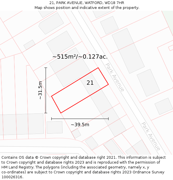 21, PARK AVENUE, WATFORD, WD18 7HR: Plot and title map