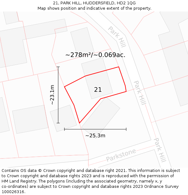 21, PARK HILL, HUDDERSFIELD, HD2 1QG: Plot and title map