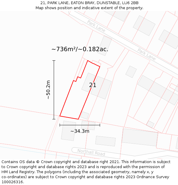 21, PARK LANE, EATON BRAY, DUNSTABLE, LU6 2BB: Plot and title map