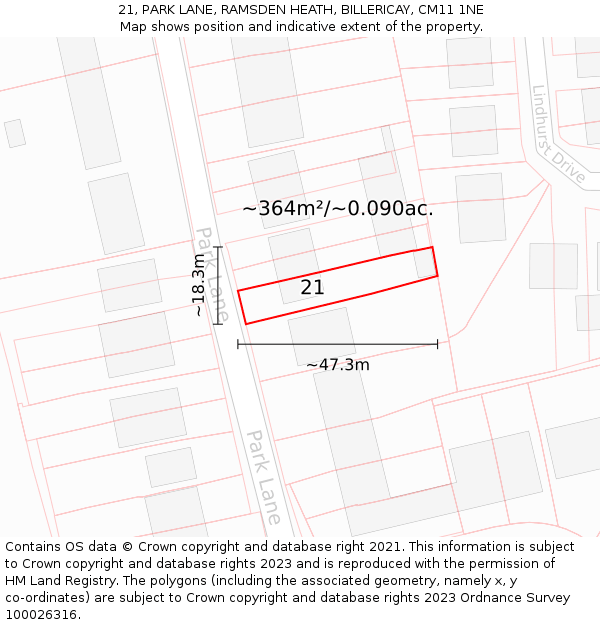 21, PARK LANE, RAMSDEN HEATH, BILLERICAY, CM11 1NE: Plot and title map