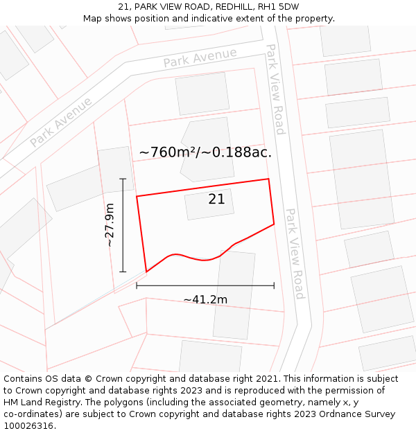 21, PARK VIEW ROAD, REDHILL, RH1 5DW: Plot and title map
