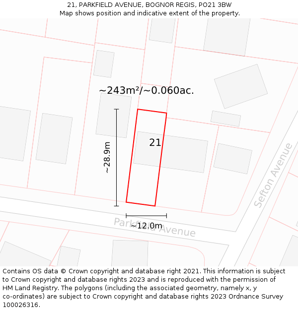 21, PARKFIELD AVENUE, BOGNOR REGIS, PO21 3BW: Plot and title map