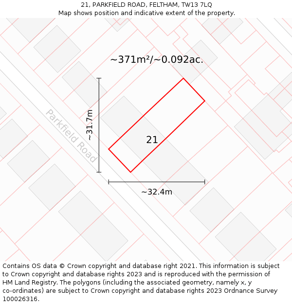 21, PARKFIELD ROAD, FELTHAM, TW13 7LQ: Plot and title map