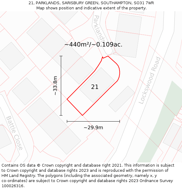 21, PARKLANDS, SARISBURY GREEN, SOUTHAMPTON, SO31 7WR: Plot and title map