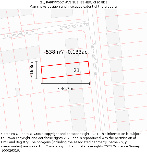 21, PARKWOOD AVENUE, ESHER, KT10 8DE: Plot and title map