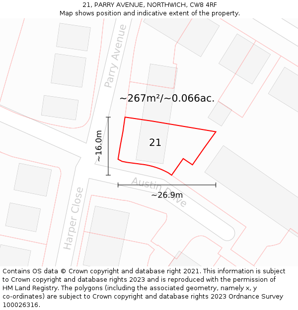 21, PARRY AVENUE, NORTHWICH, CW8 4RF: Plot and title map