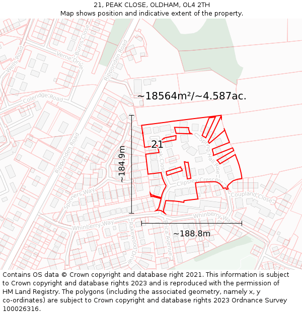 21, PEAK CLOSE, OLDHAM, OL4 2TH: Plot and title map