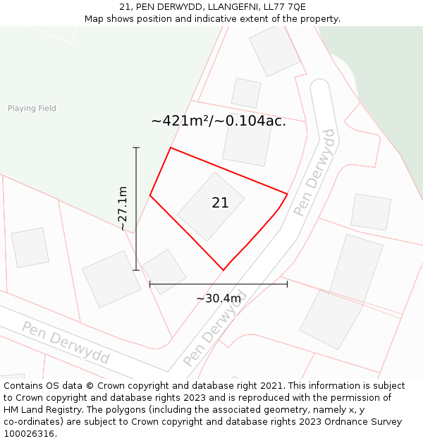 21, PEN DERWYDD, LLANGEFNI, LL77 7QE: Plot and title map