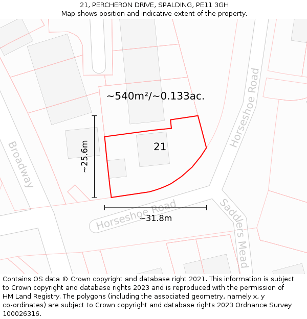 21, PERCHERON DRIVE, SPALDING, PE11 3GH: Plot and title map