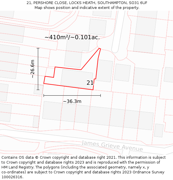 21, PERSHORE CLOSE, LOCKS HEATH, SOUTHAMPTON, SO31 6UF: Plot and title map