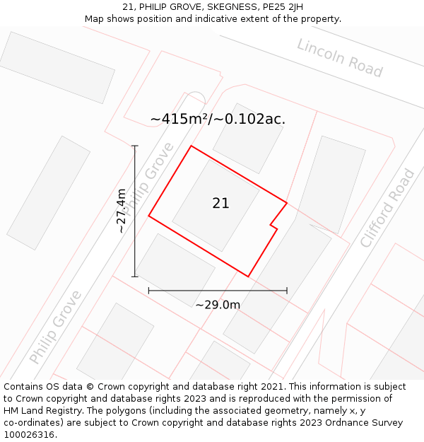 21, PHILIP GROVE, SKEGNESS, PE25 2JH: Plot and title map