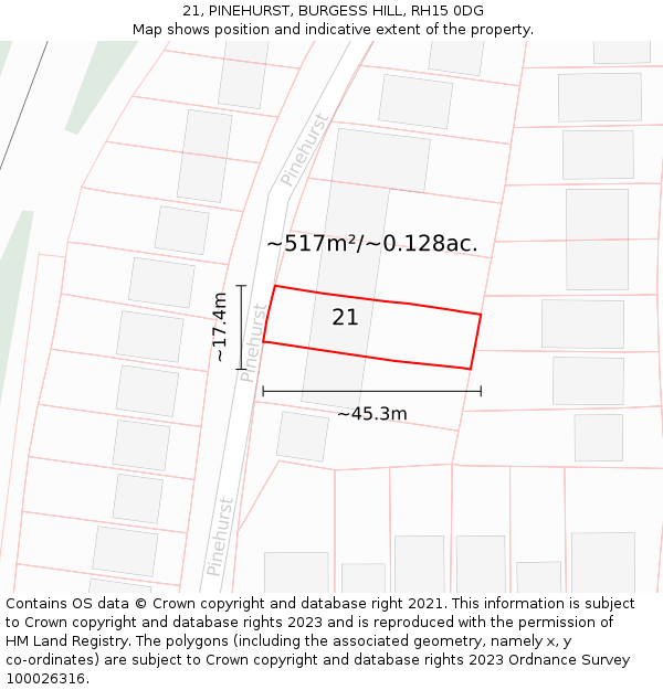 21, PINEHURST, BURGESS HILL, RH15 0DG: Plot and title map