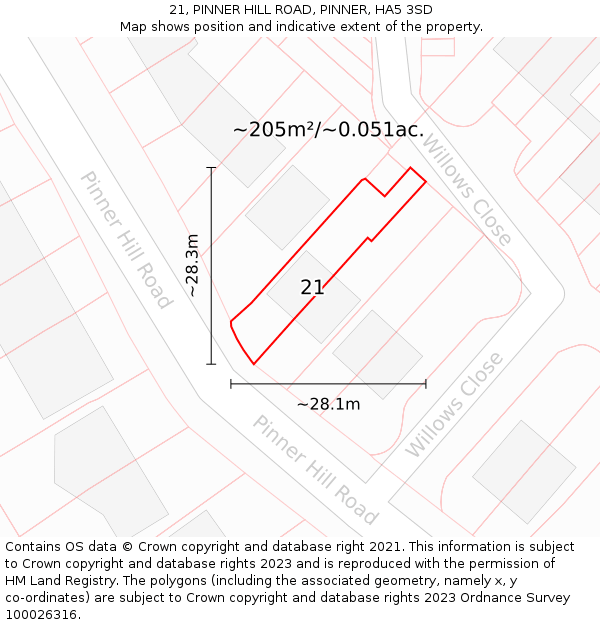 21, PINNER HILL ROAD, PINNER, HA5 3SD: Plot and title map