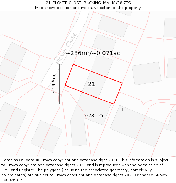 21, PLOVER CLOSE, BUCKINGHAM, MK18 7ES: Plot and title map