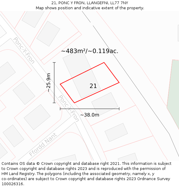 21, PONC Y FRON, LLANGEFNI, LL77 7NY: Plot and title map