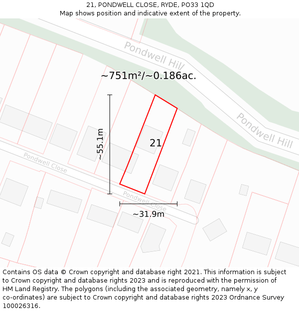 21, PONDWELL CLOSE, RYDE, PO33 1QD: Plot and title map