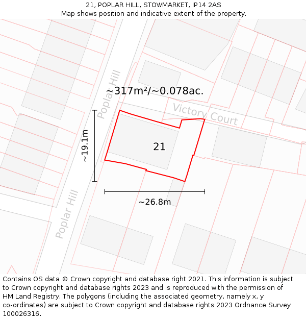 21, POPLAR HILL, STOWMARKET, IP14 2AS: Plot and title map