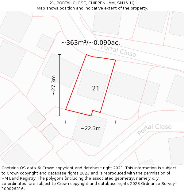 21, PORTAL CLOSE, CHIPPENHAM, SN15 1QJ: Plot and title map