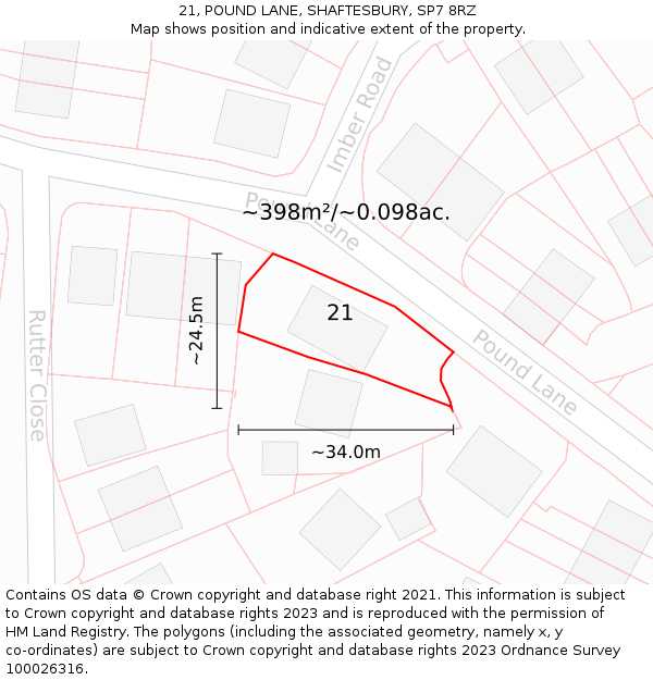 21, POUND LANE, SHAFTESBURY, SP7 8RZ: Plot and title map