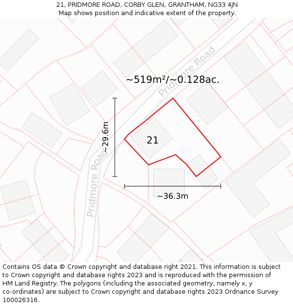 21, PRIDMORE ROAD, CORBY GLEN, GRANTHAM, NG33 4JN: Plot and title map