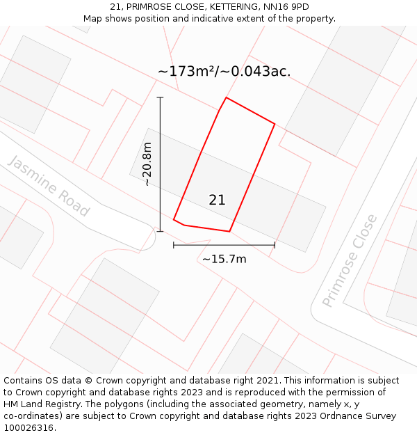 21, PRIMROSE CLOSE, KETTERING, NN16 9PD: Plot and title map